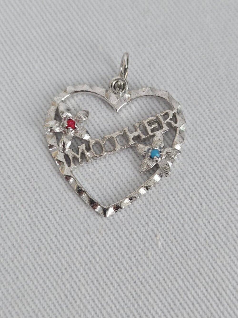 Vintage Sterling Silver Mother Heart Charm Flower Red Blue Stone Bracelet